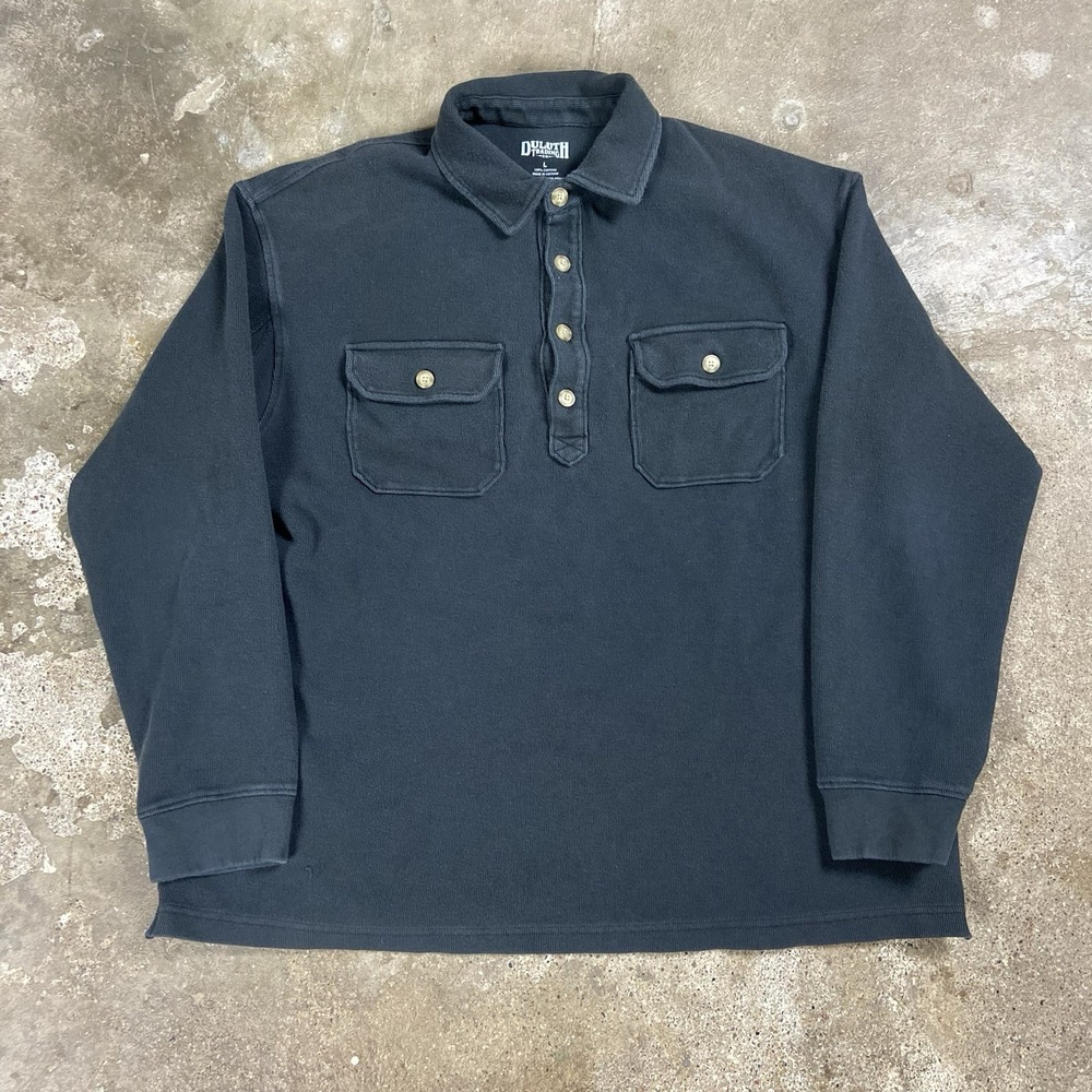 Duluth Trading Henley Polo Shirt Size Large Black Rib Knit Heavyweight Pullover